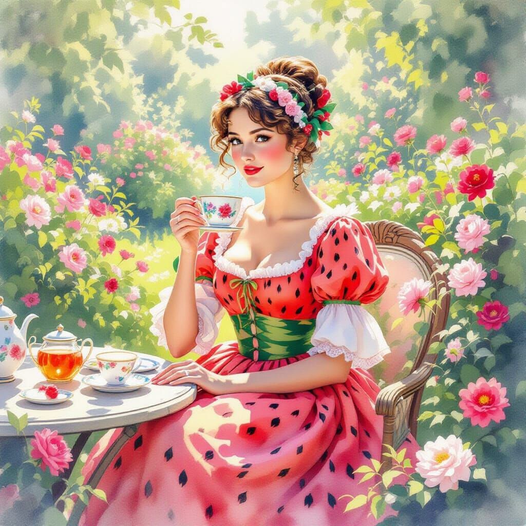 Watercolor: Jane Austen in a Watermelon Dress