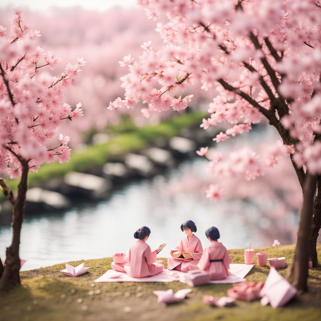 Sakura Picnic: Papercraft Scene in Soft Pink