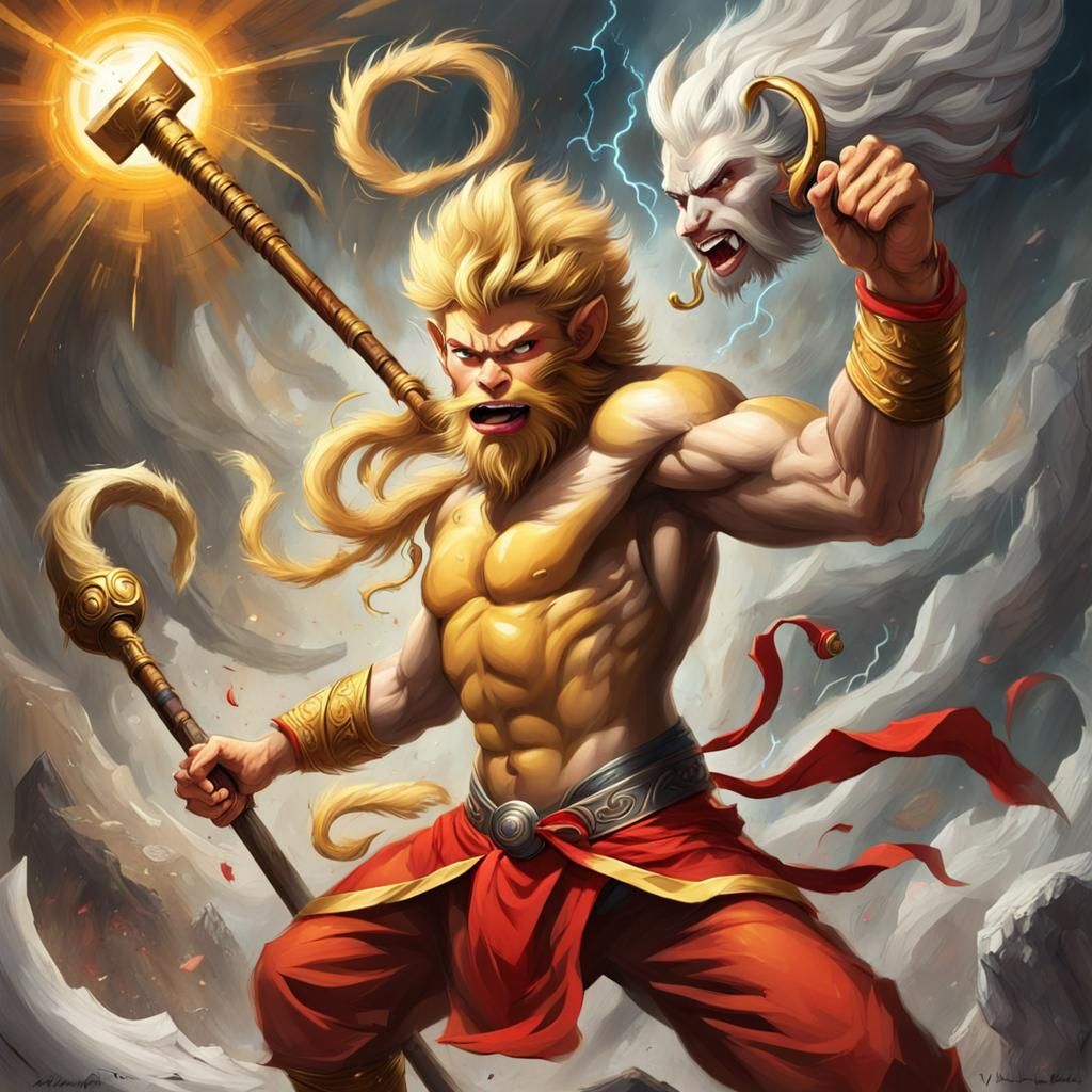 Golden-furred Sun Wukong wielding his staff and fighting the god Thor, who wields his hammer. action painting