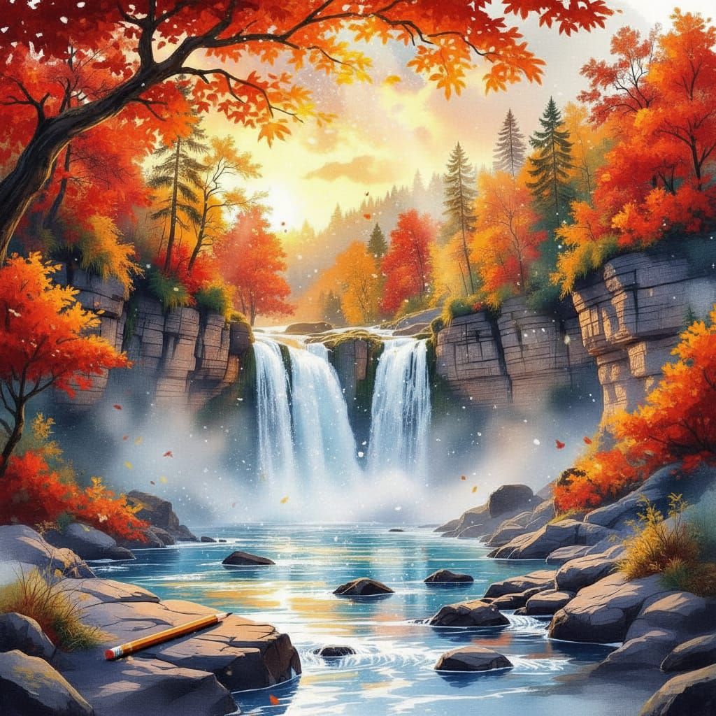 Majestic Autumn Waterfall with Ethereal Glow