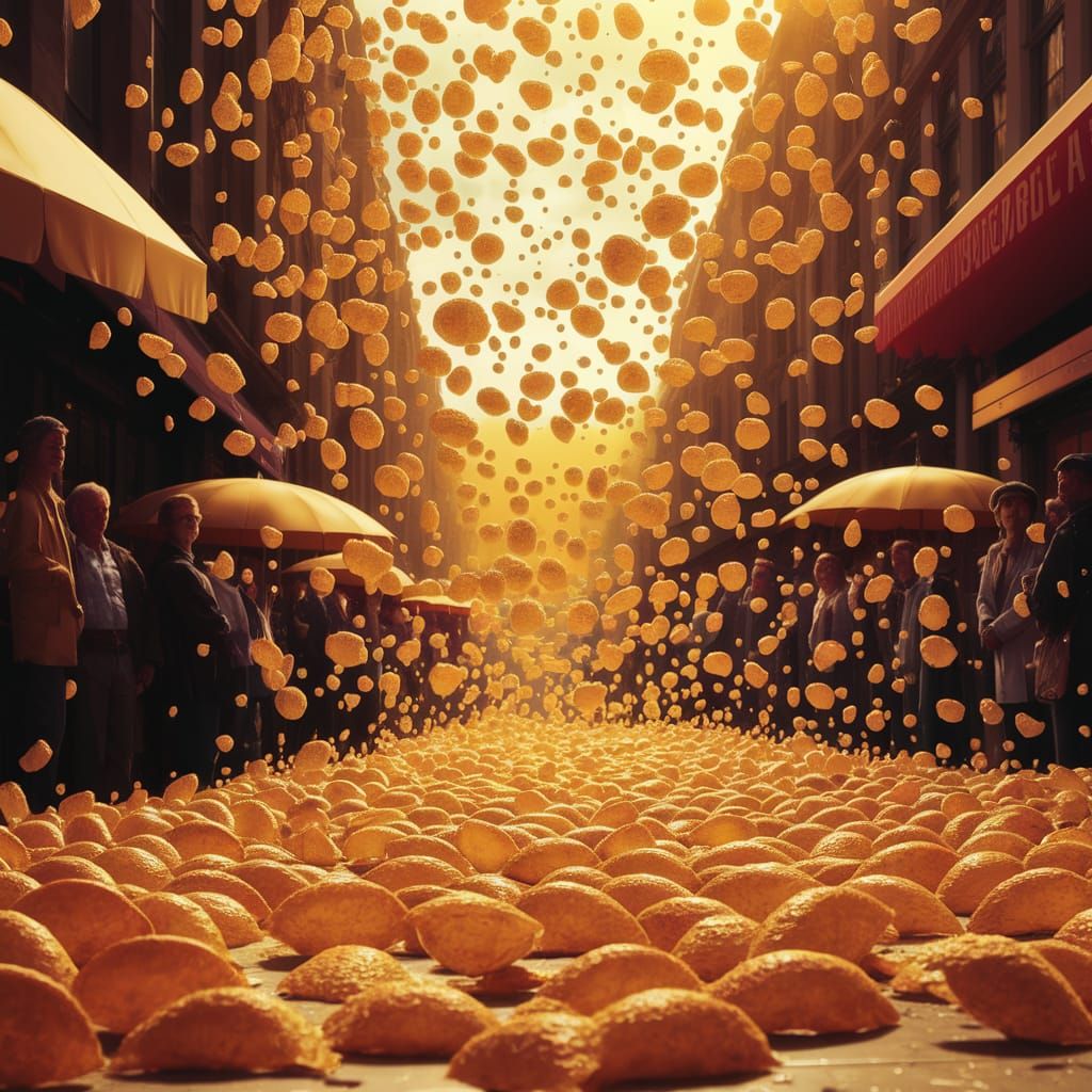 Surreal Taco Downpour Illuminates Bustling City Street