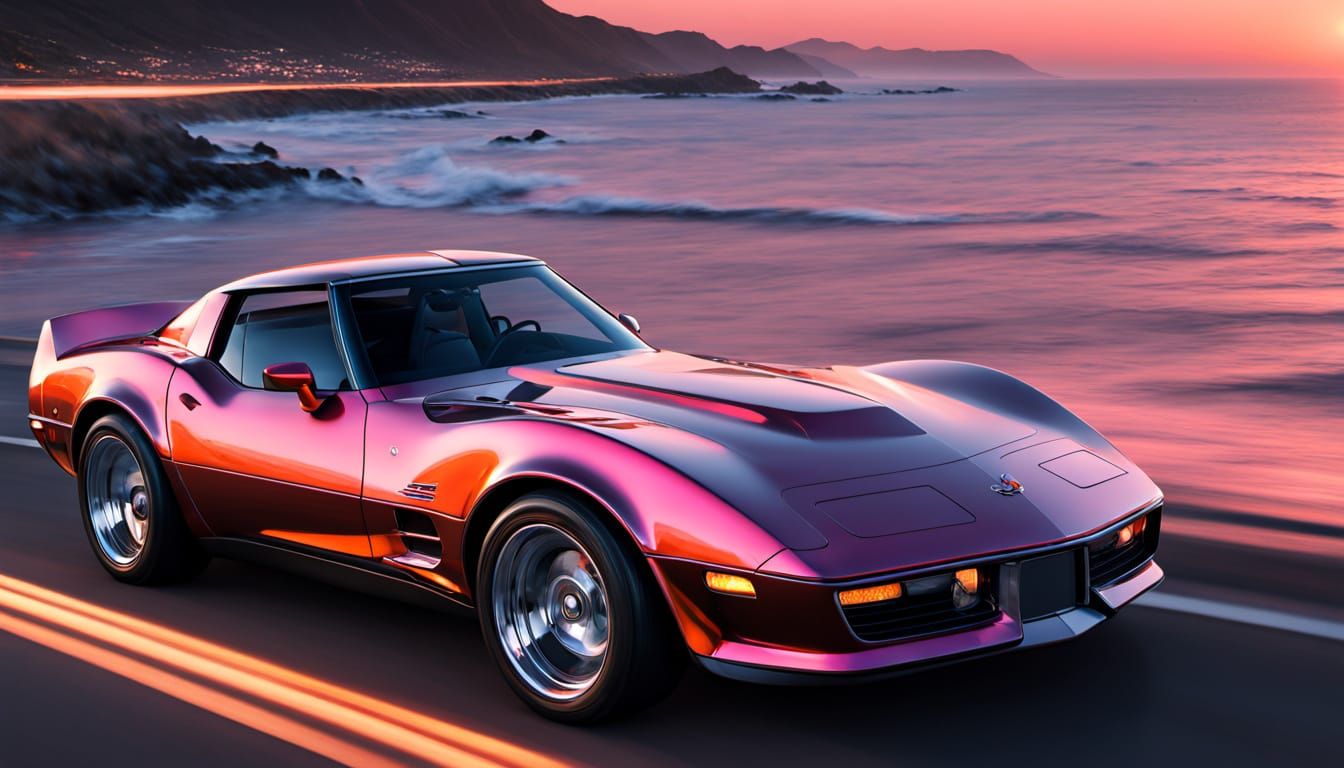 Retro-Futuristic Chrome Corvette Speeds Down Coastal Highway...