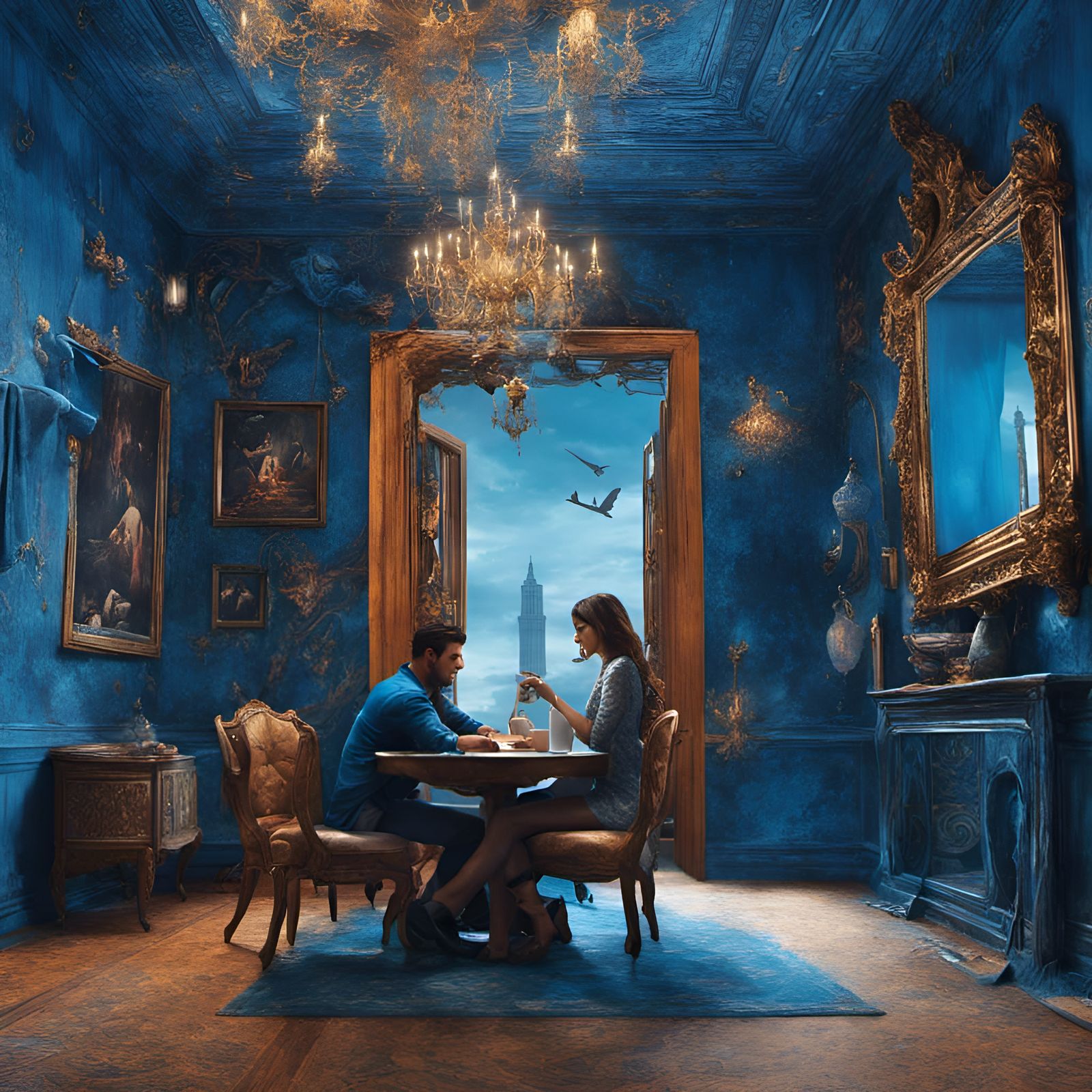 Romantic Dinner in Blue Room: Detailed Matte Painting