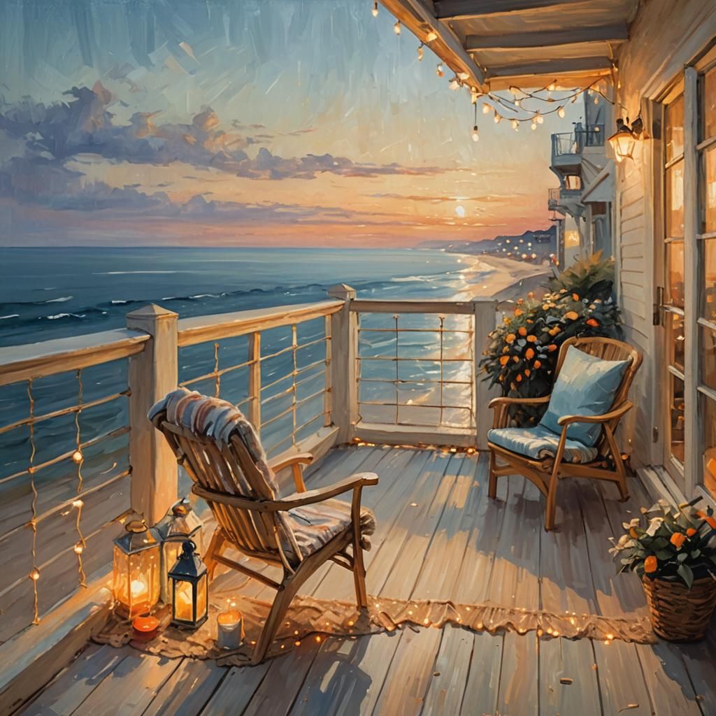 Seaside Balcony in Impressionistic Style with String Lights