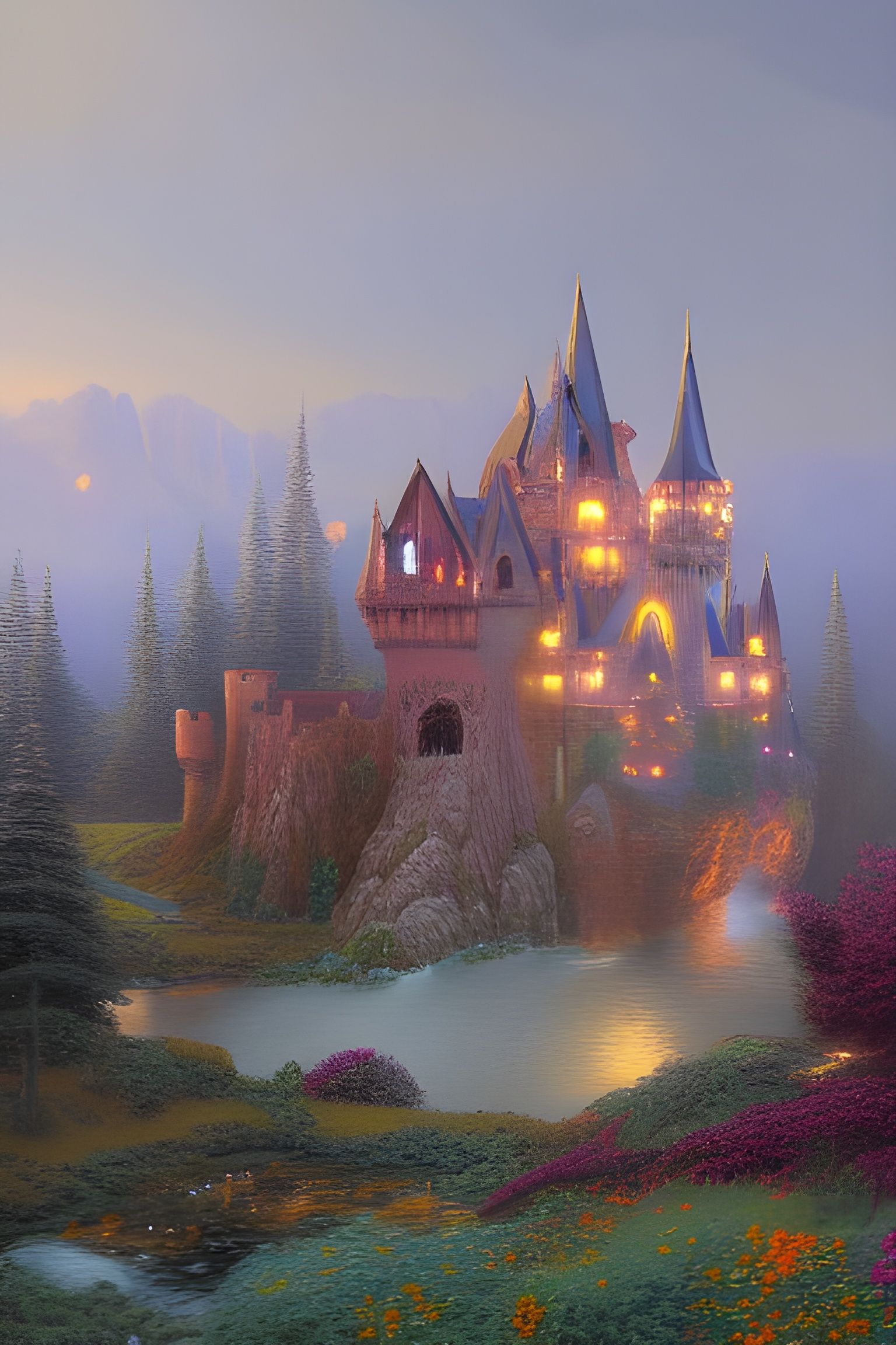 Ethereal Fairytale Castle in Oil Painting Style