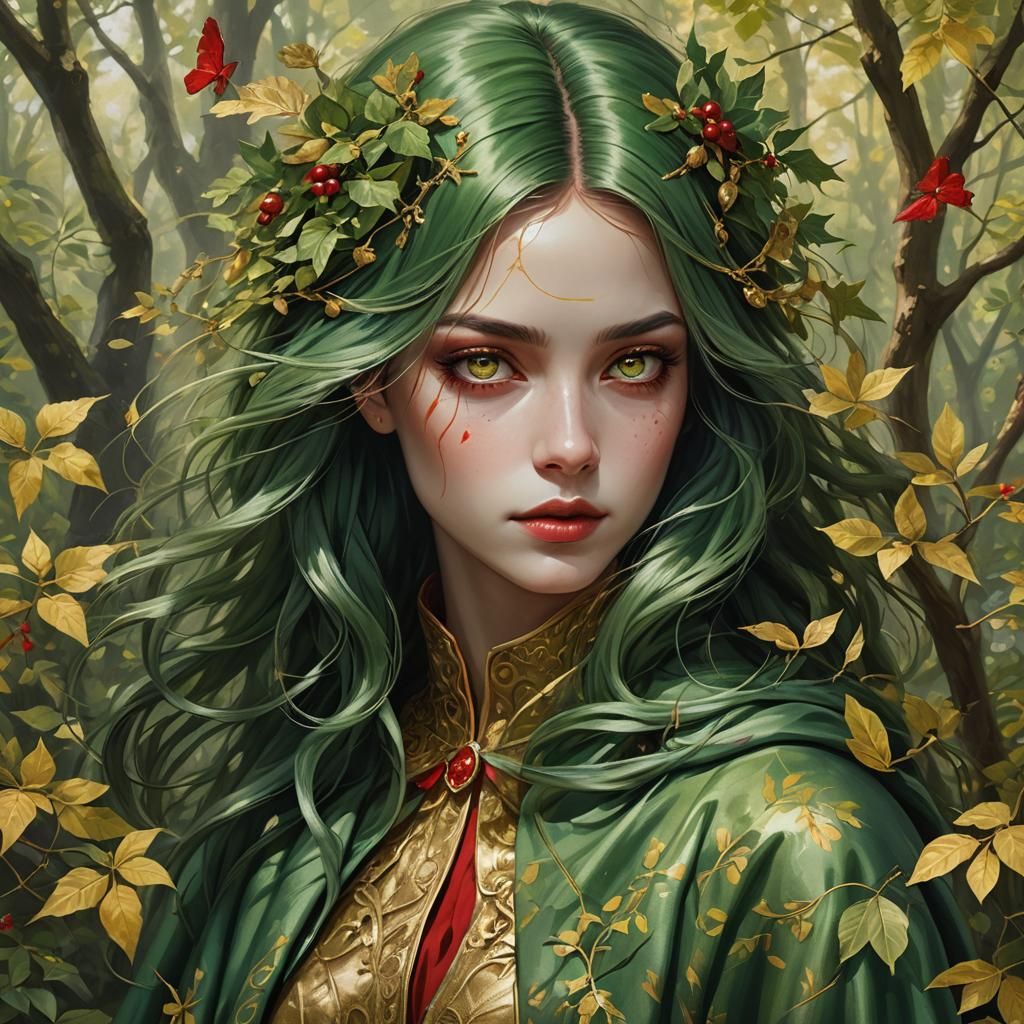 Red-Haired Woman in Forest with Silk Cloak