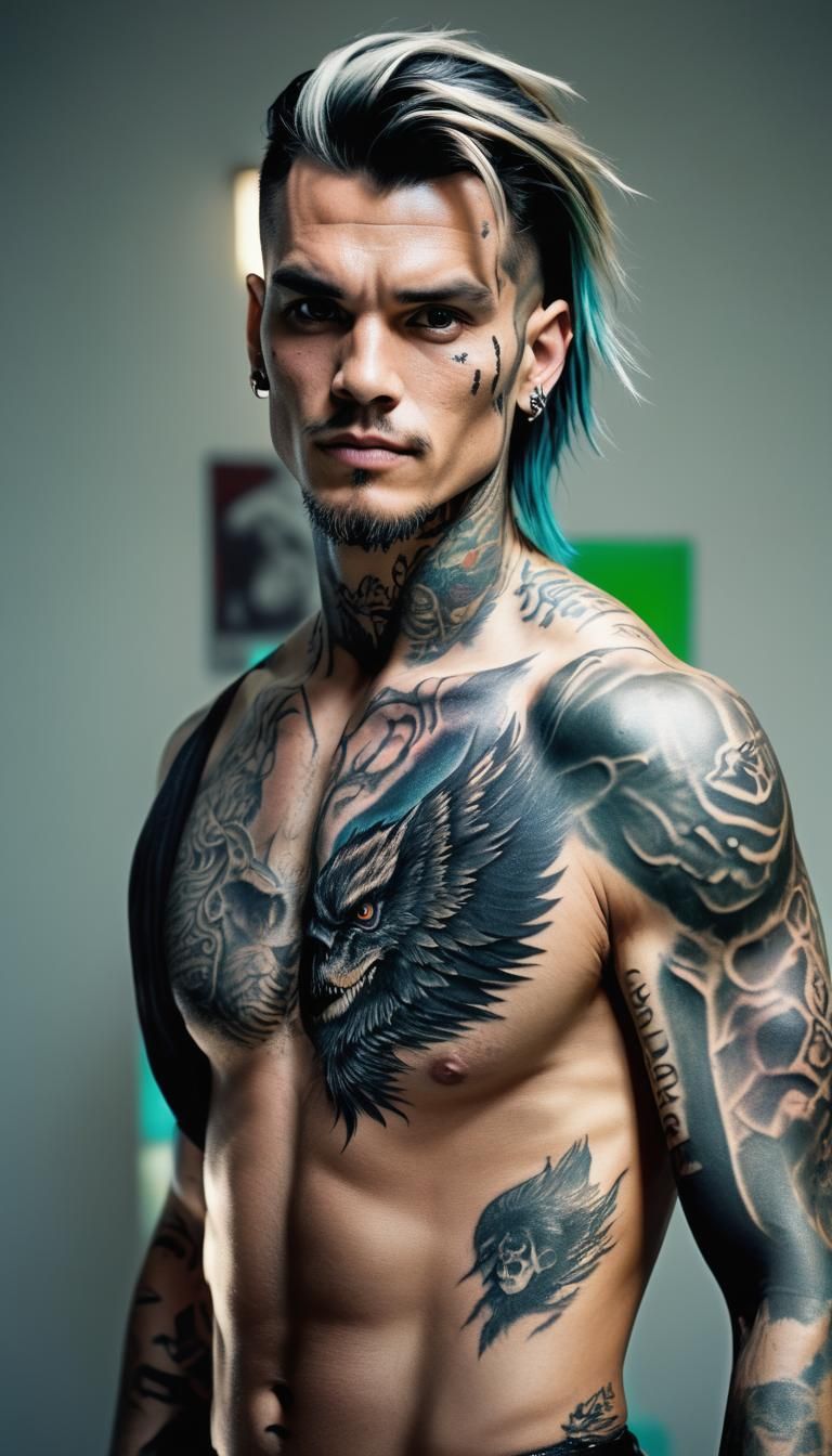 Epic Male Portrait with Toned Hair and Intricate Tattoos in...