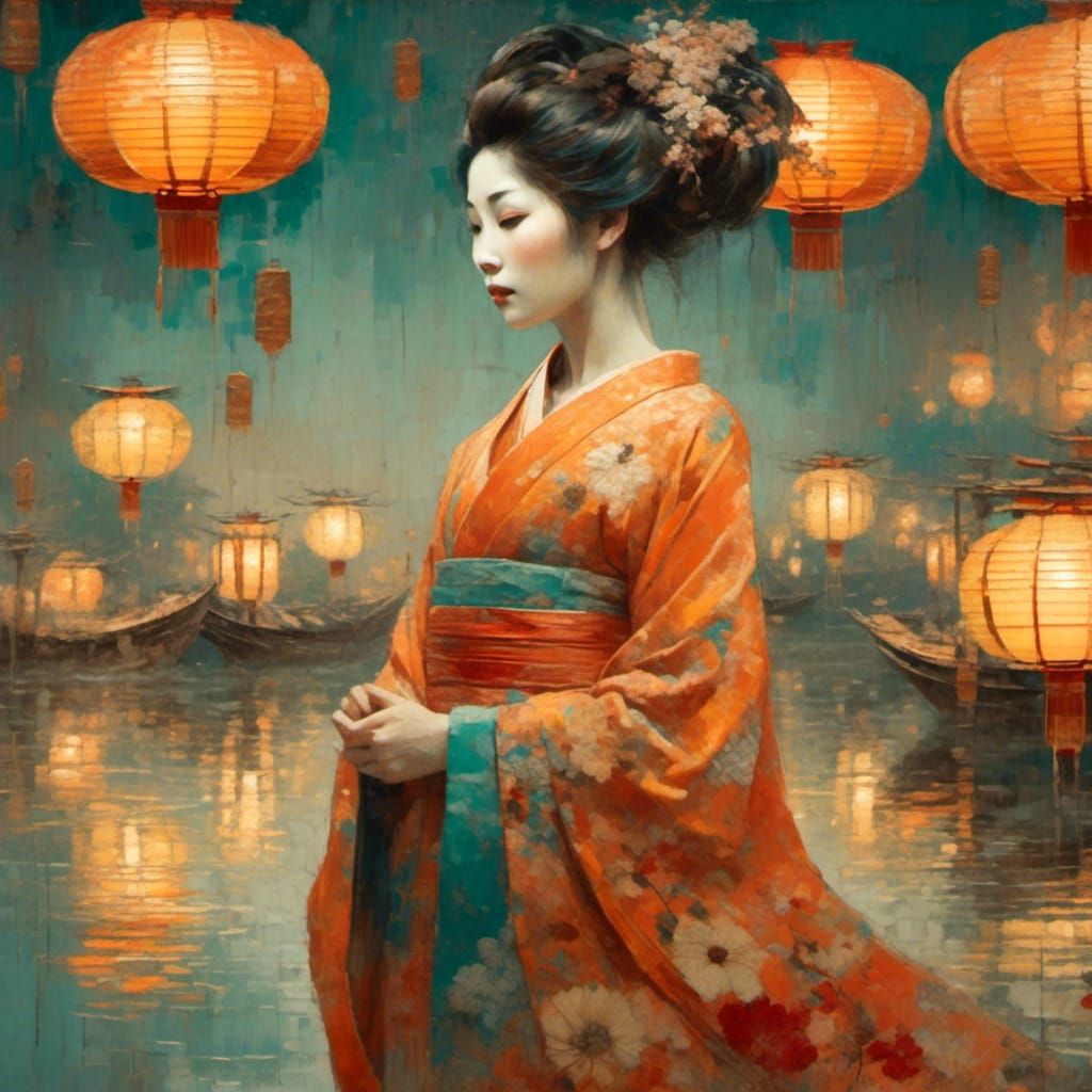 Ornate Geisha Portrait in Ukiyo-e Style