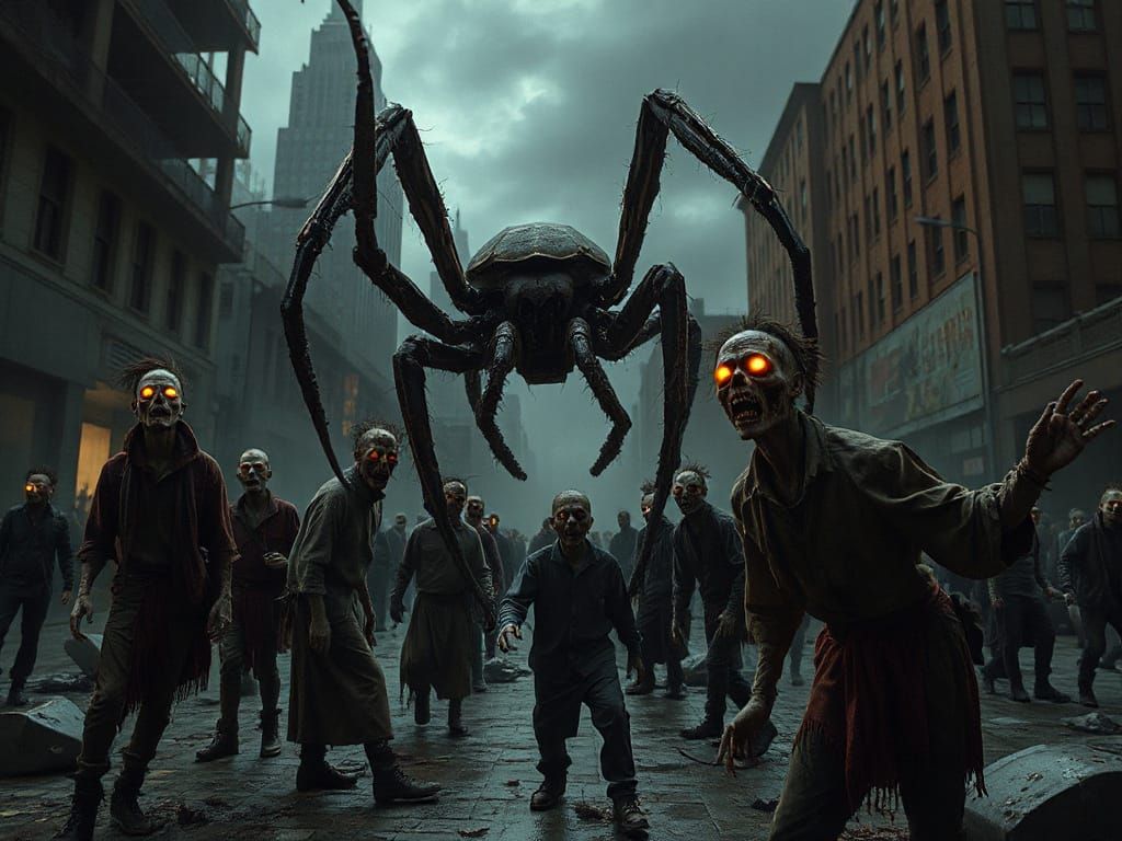 Zombies vs Giant Spiders in Apocalyptic Cityscape