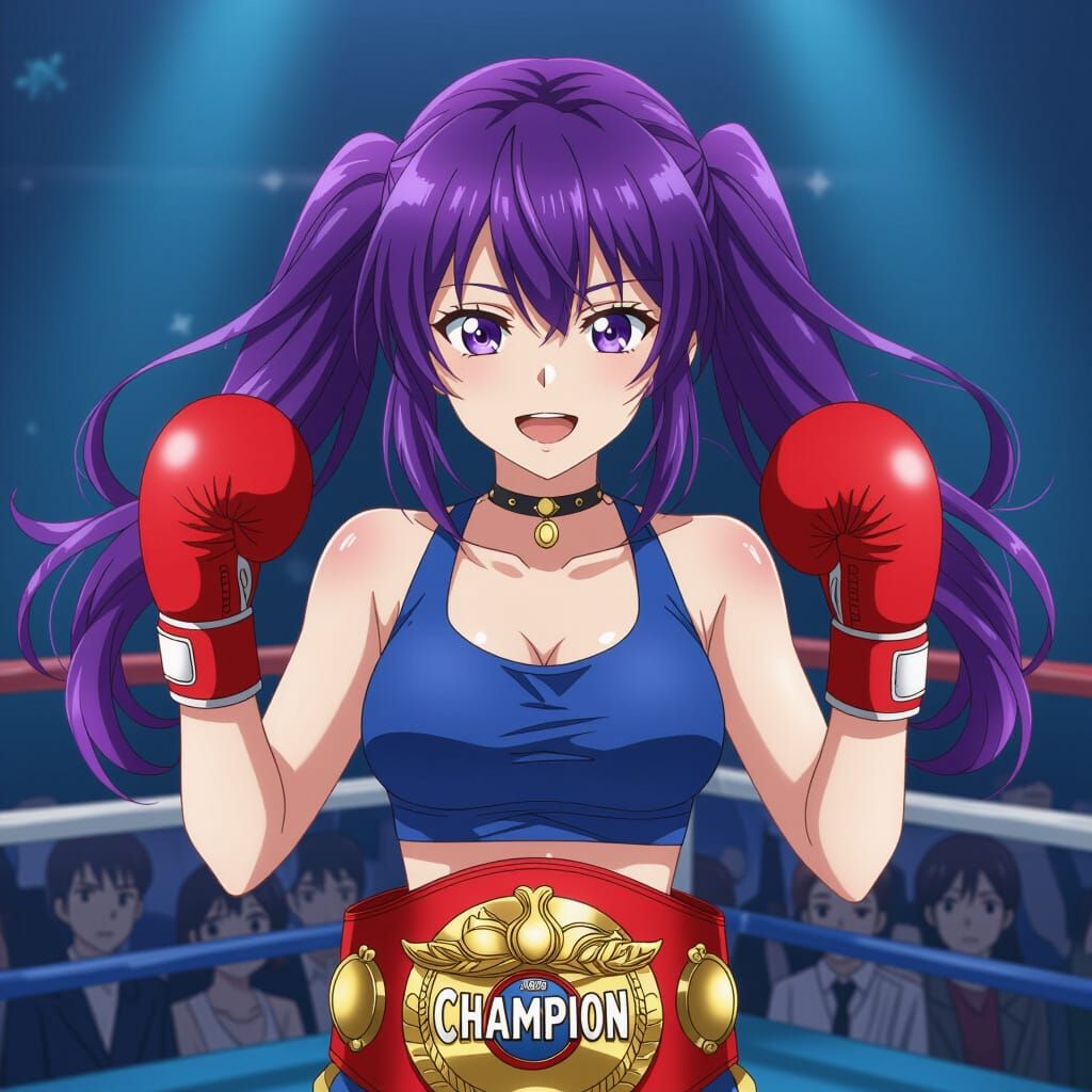 Anime Champion with Purple Hair in Boxing Ring