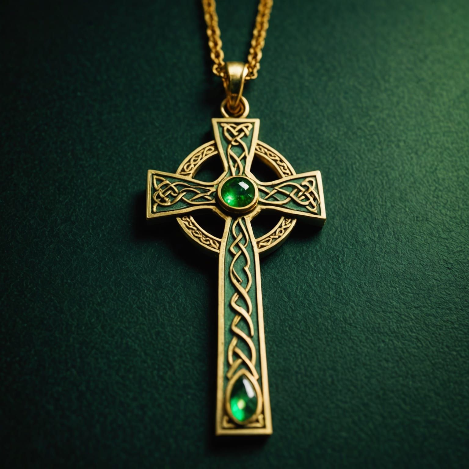 Gold Celtic Cross Necklace with Green Glow