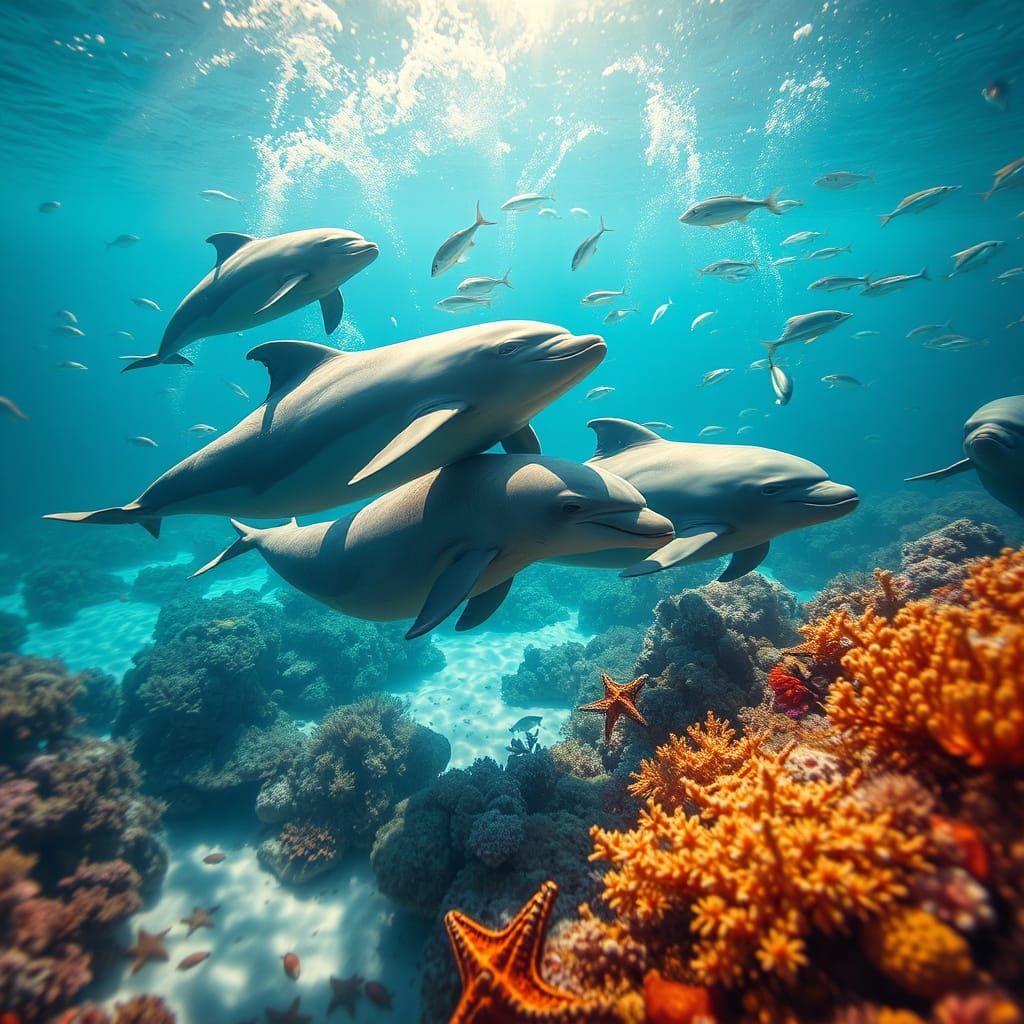 Dolphins and Manatees Play in Coral Reef: Haeckel-Inspired