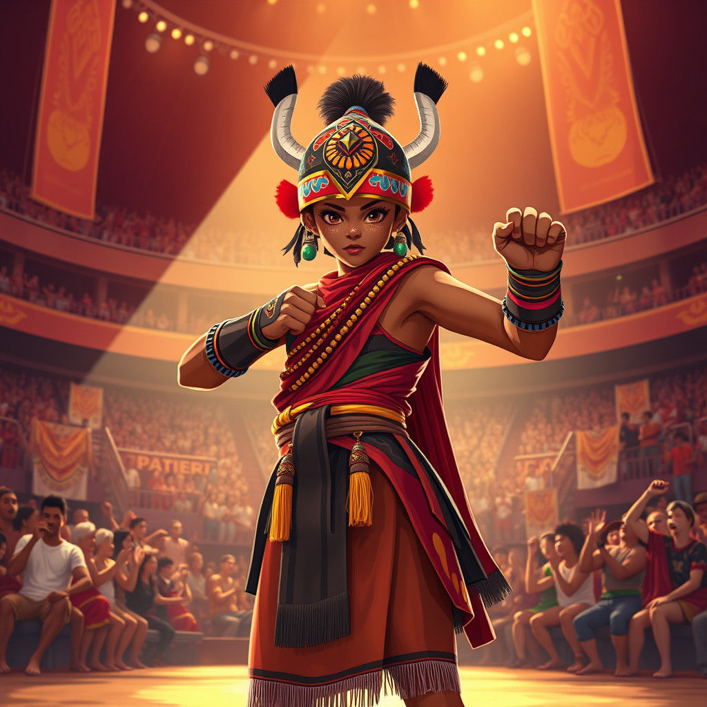 Anime-Style Namibian Girl Fighter in Tournament Arena