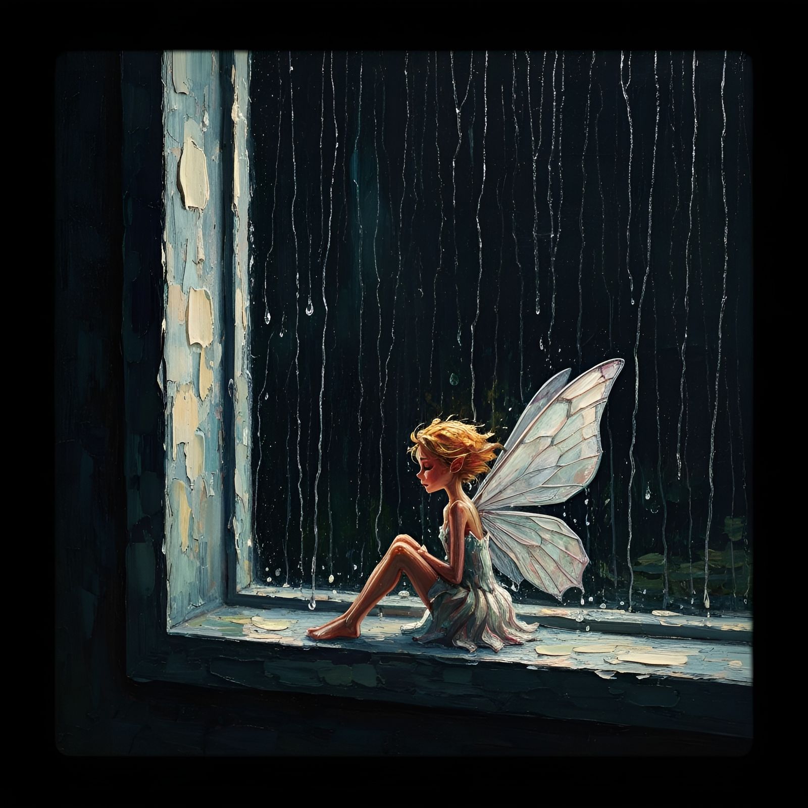 Happy Fairy by Rainy Window in Impasto Style