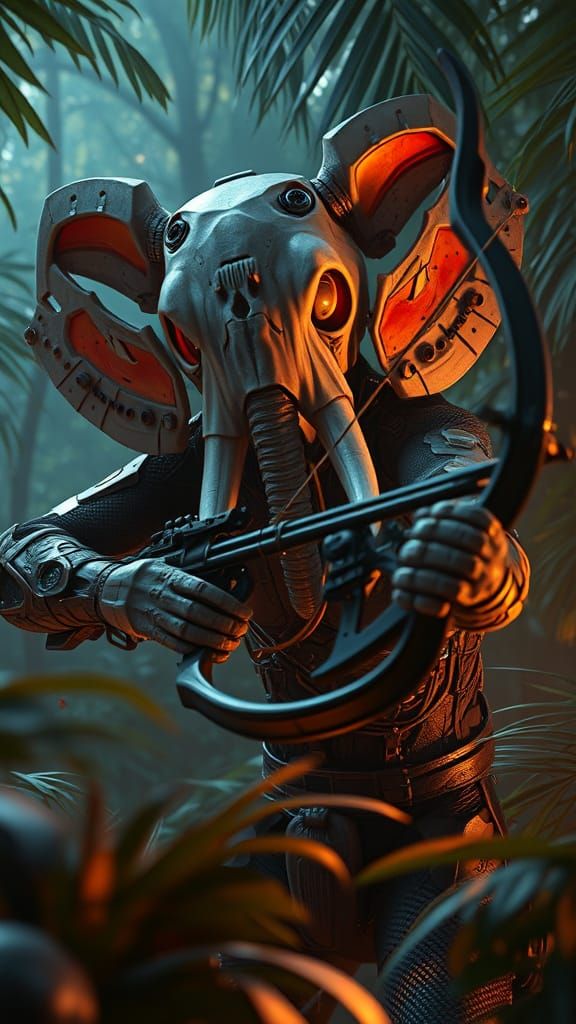 Cybernetic Hunter in Jungle with Mechanical Bow