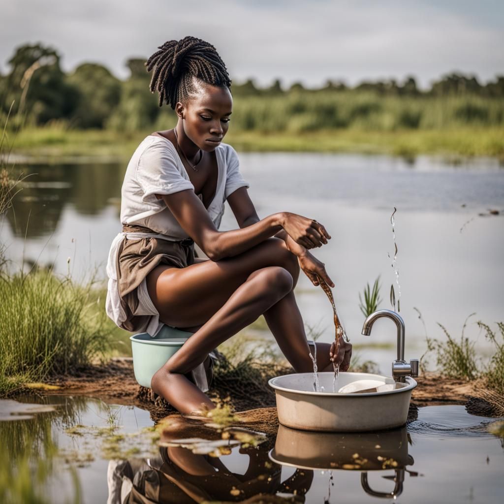 African Woman Washing Dishes at Pond