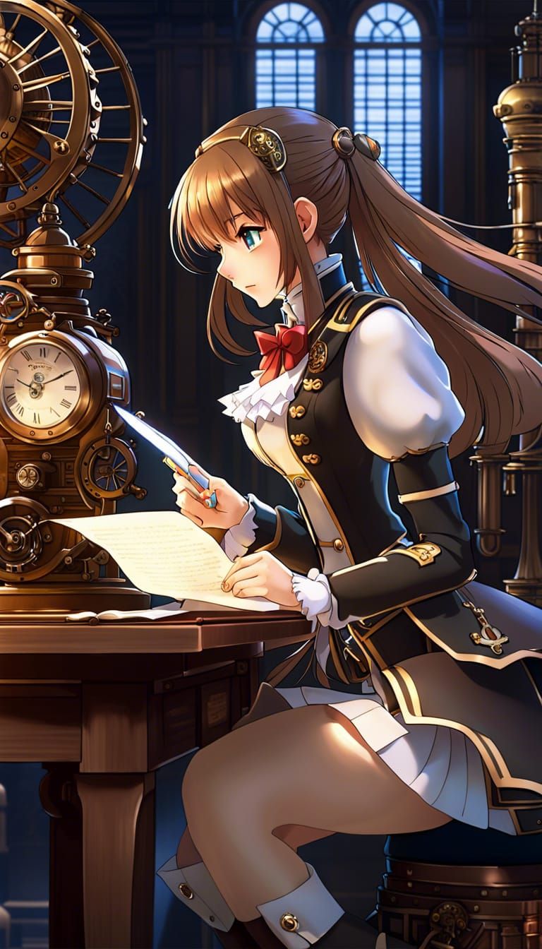 Android Girl Writes Letter in Anime Steampunk Style