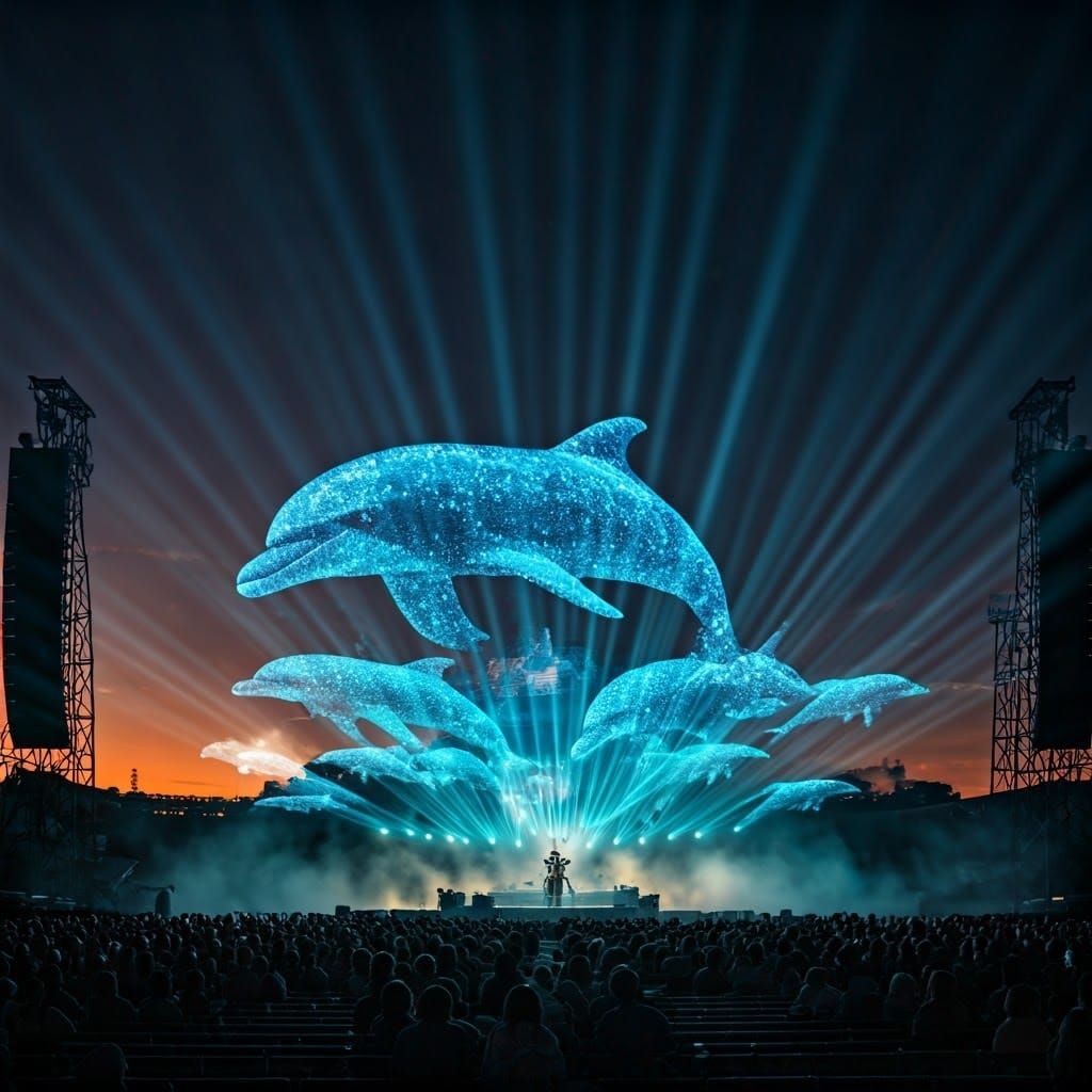 Dazzling Holographic Stage at Dusk with Leaping Dolphins