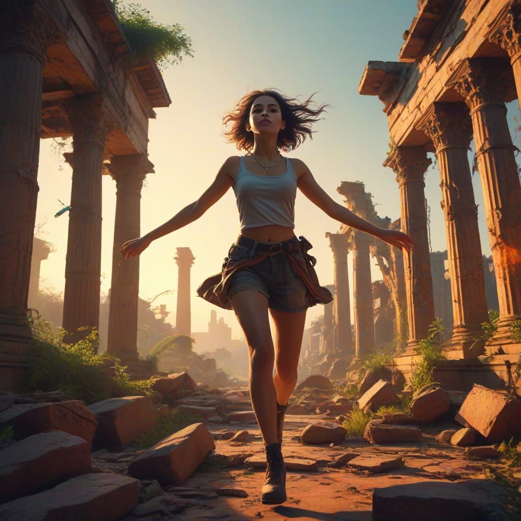 Girl Leaps Between Ruins and Neon Skyline