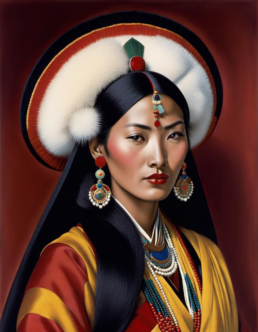 Art Deco Portrait of Tibetan Woman in Himalayas