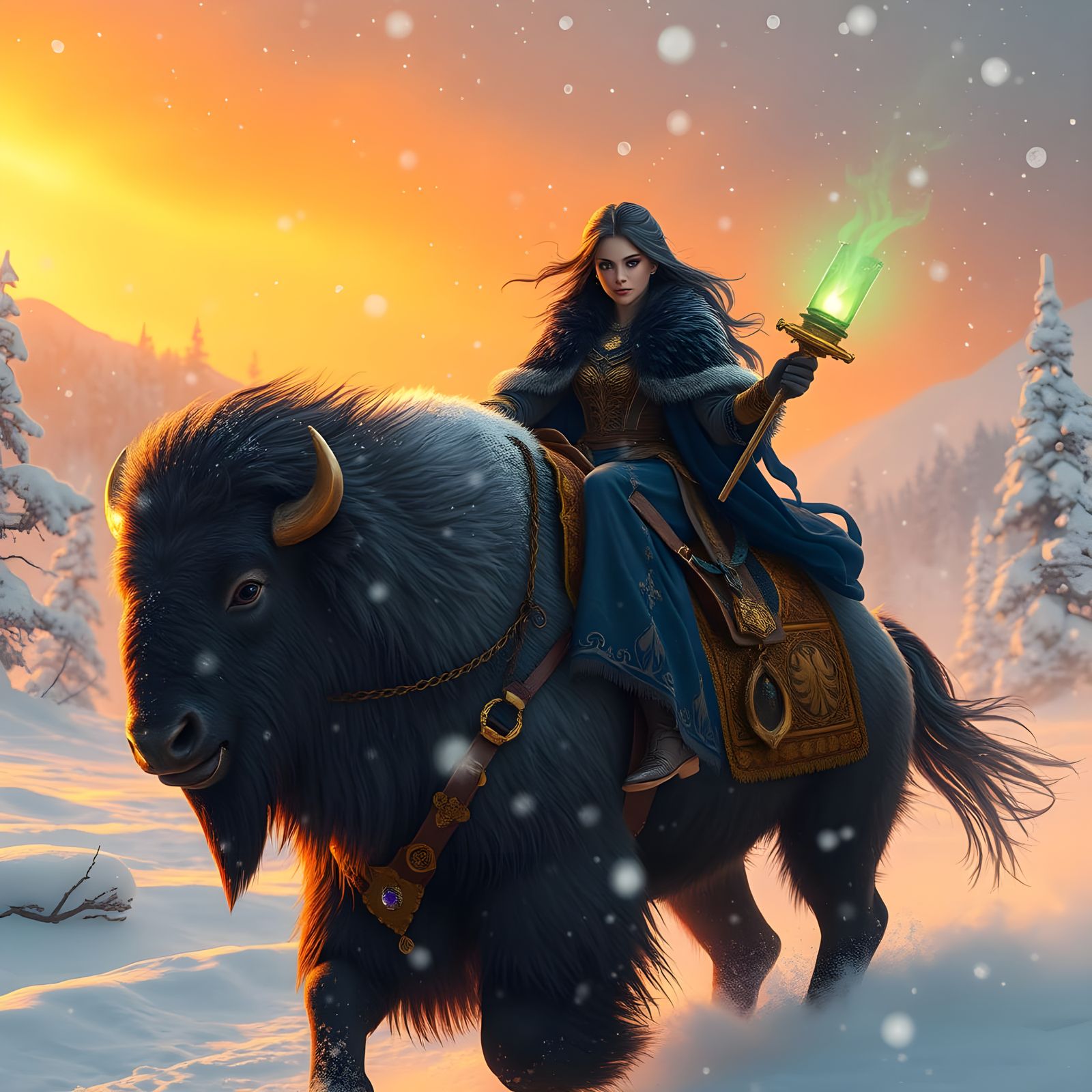 Majestic Princess Rides Bison Through Snowy Fantasy Landscap...