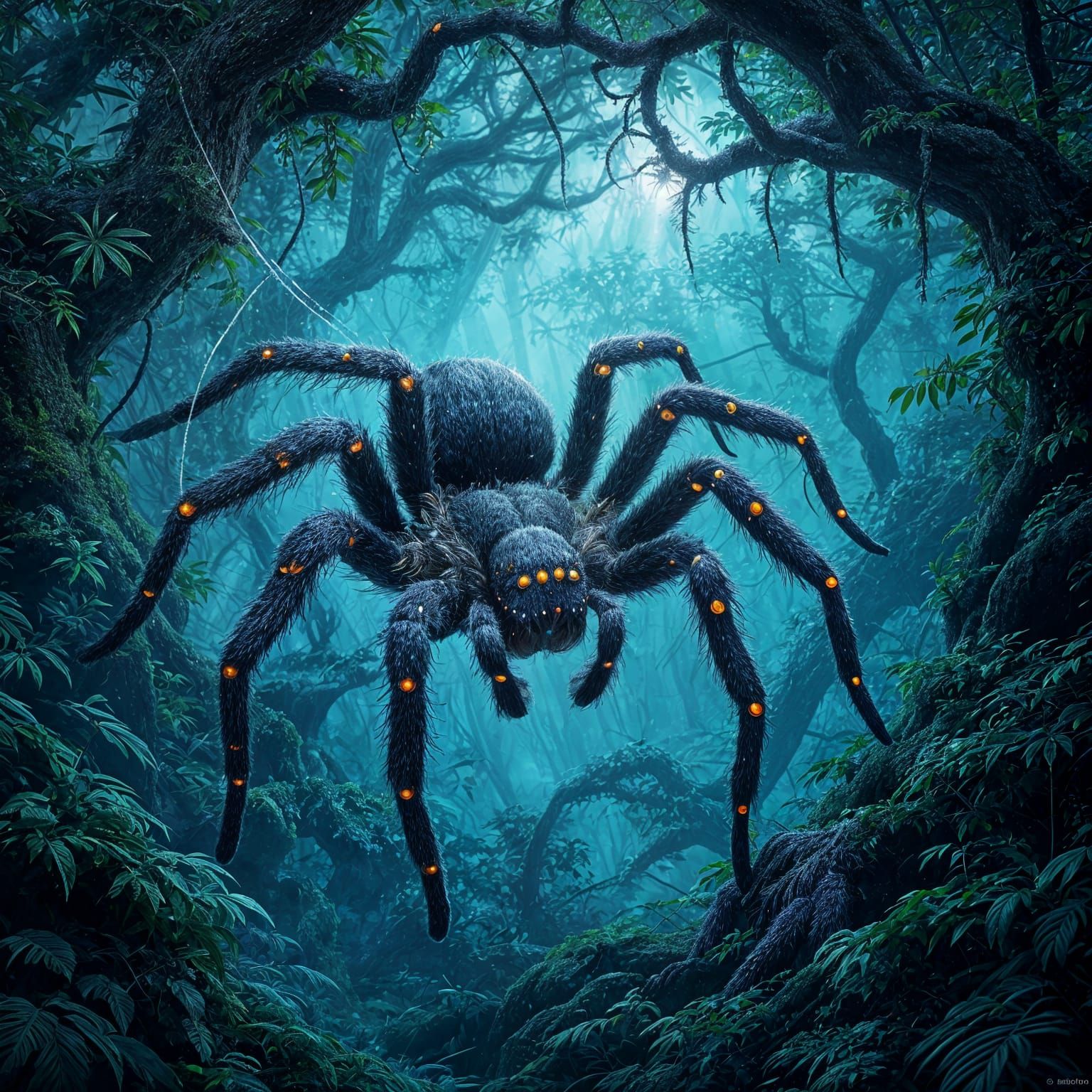 Ancient Tarantula Weaves Bioluminescent Forest Web