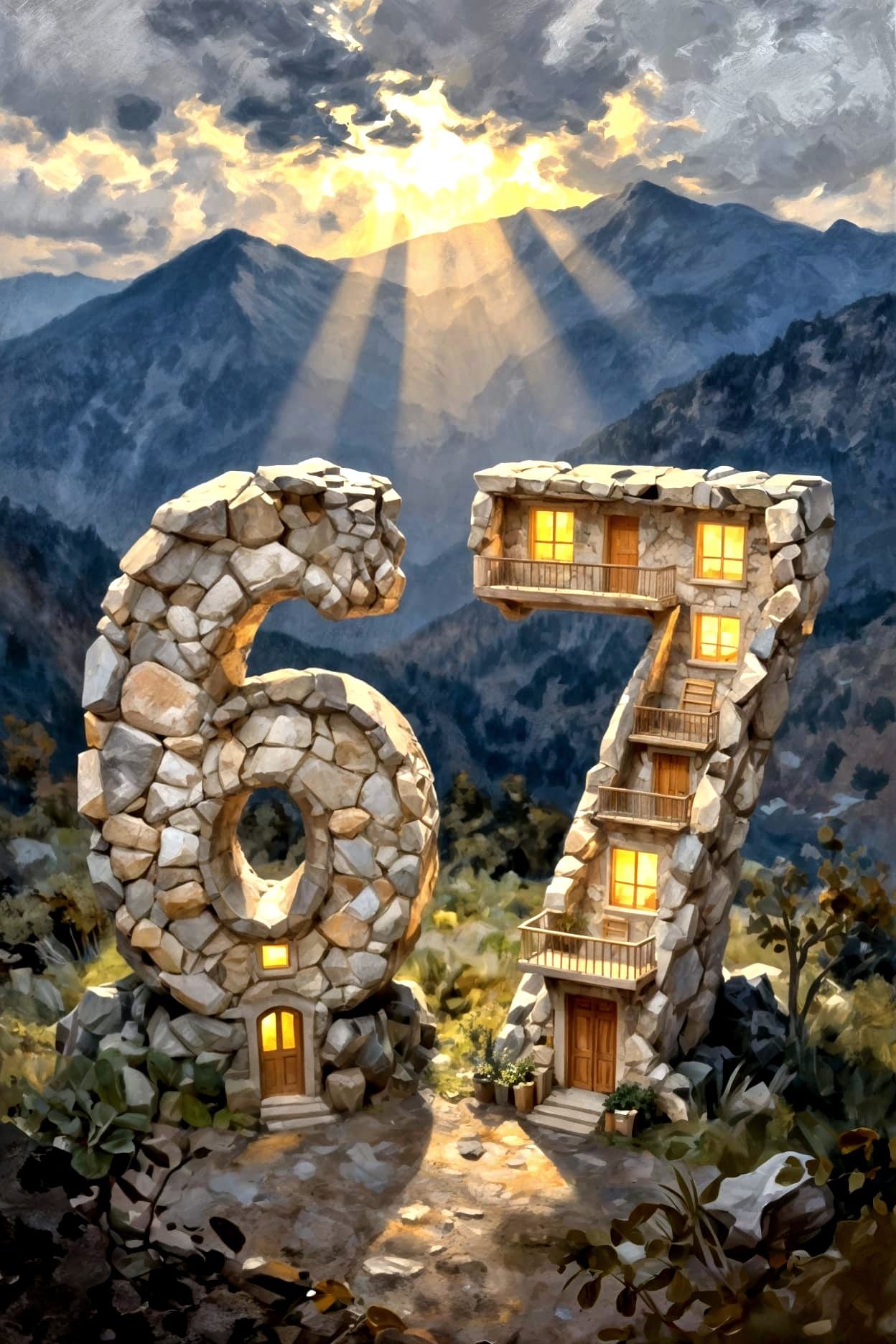 Oil Painting of Numbers 67 Beside Mountains