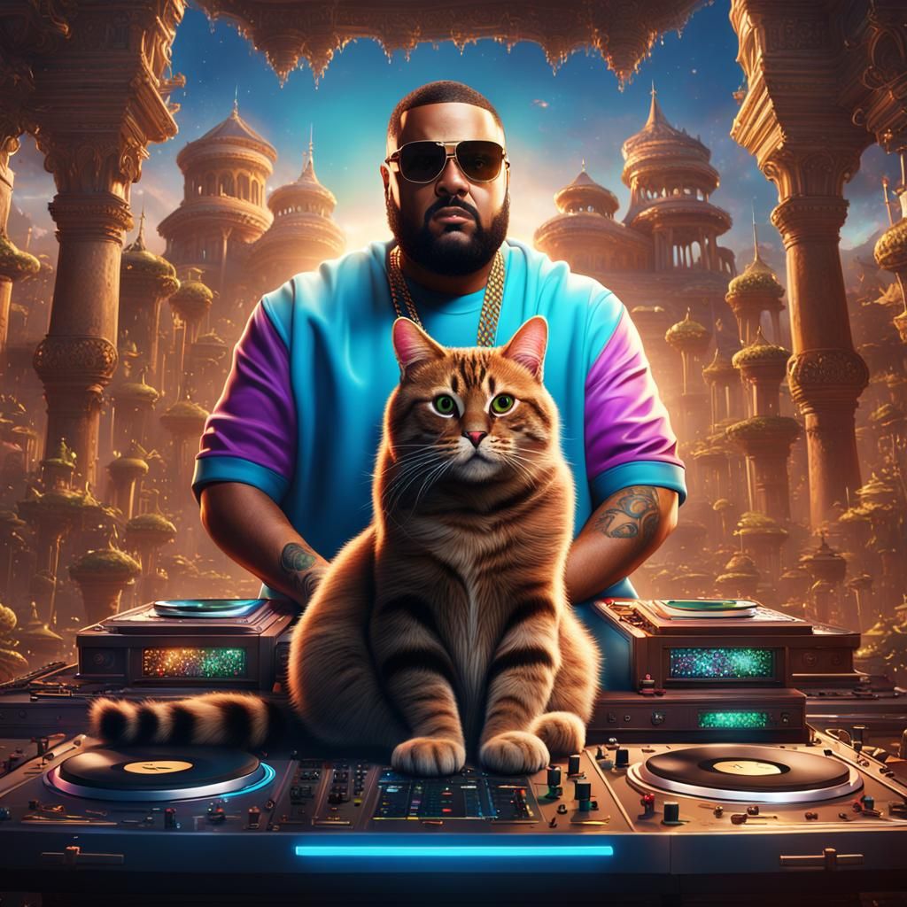 DJ Khaled with a Cat Face, Detailed Matte Painting