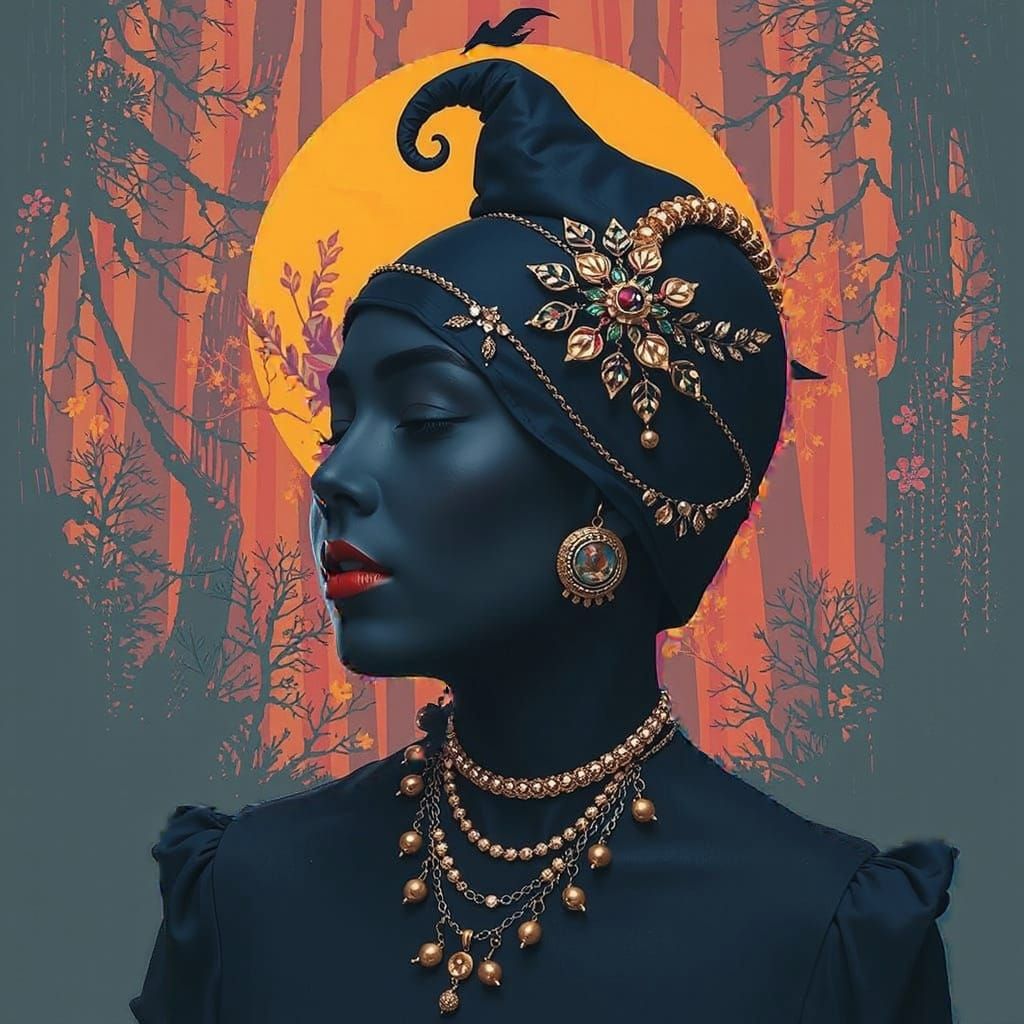 Ghostly Figure in Dark Forest with Black Lace and Roses