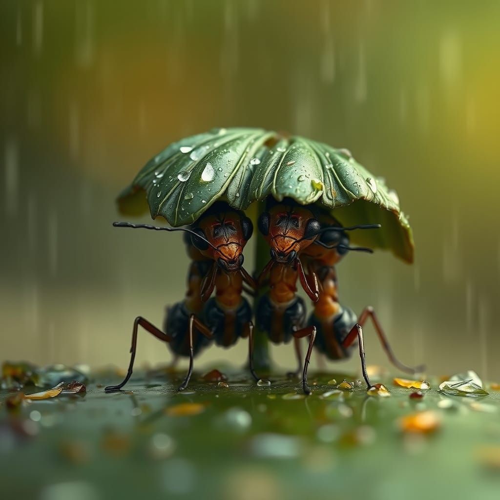 Intricately Detailed Rain-Soaked Ants Seek Shelter in Impres...