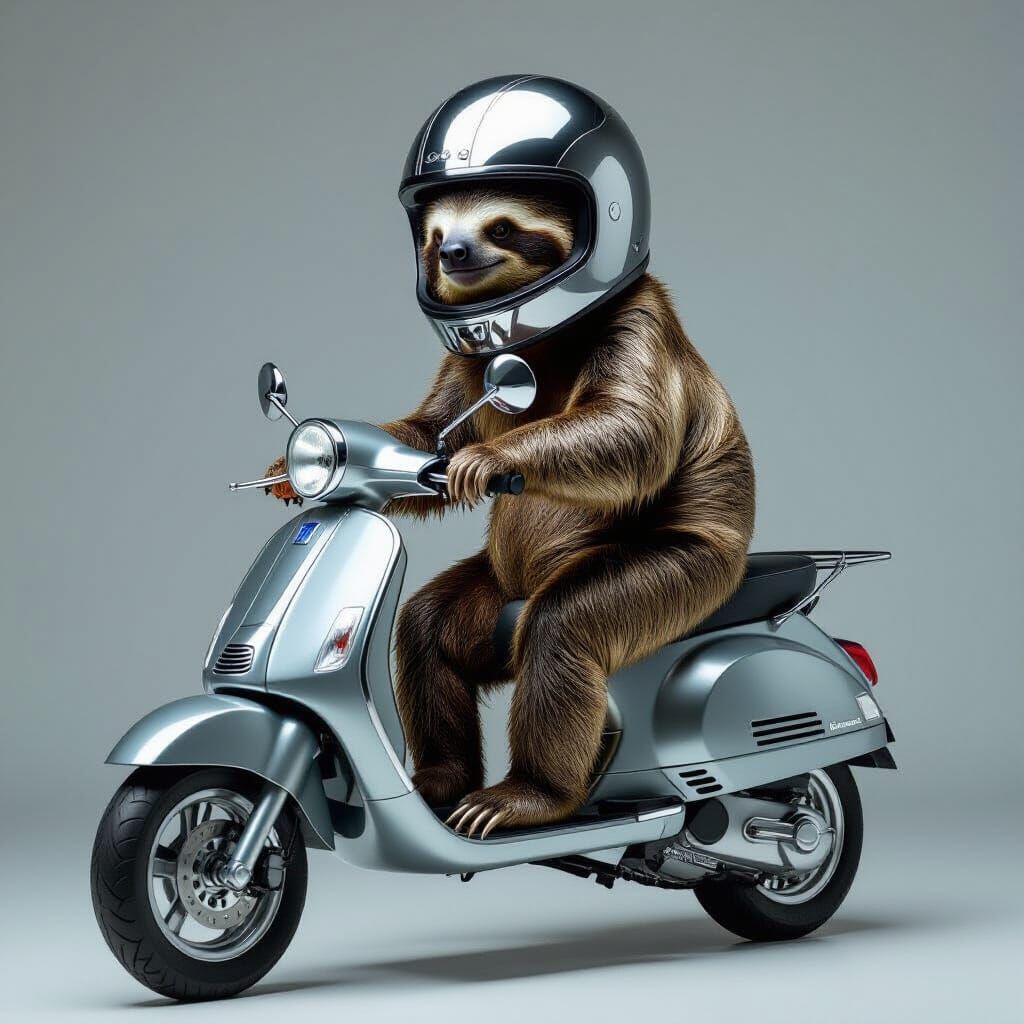 Oil-Covered Sloth Rides Metallic Scooter in Modern Style