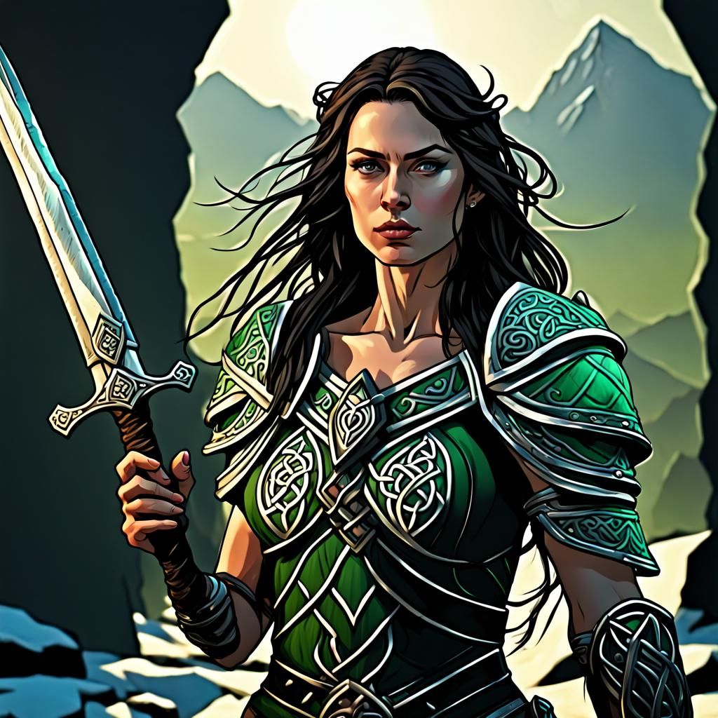 Celtic Princess Warrior on Mountain, Dark Fantasy Art