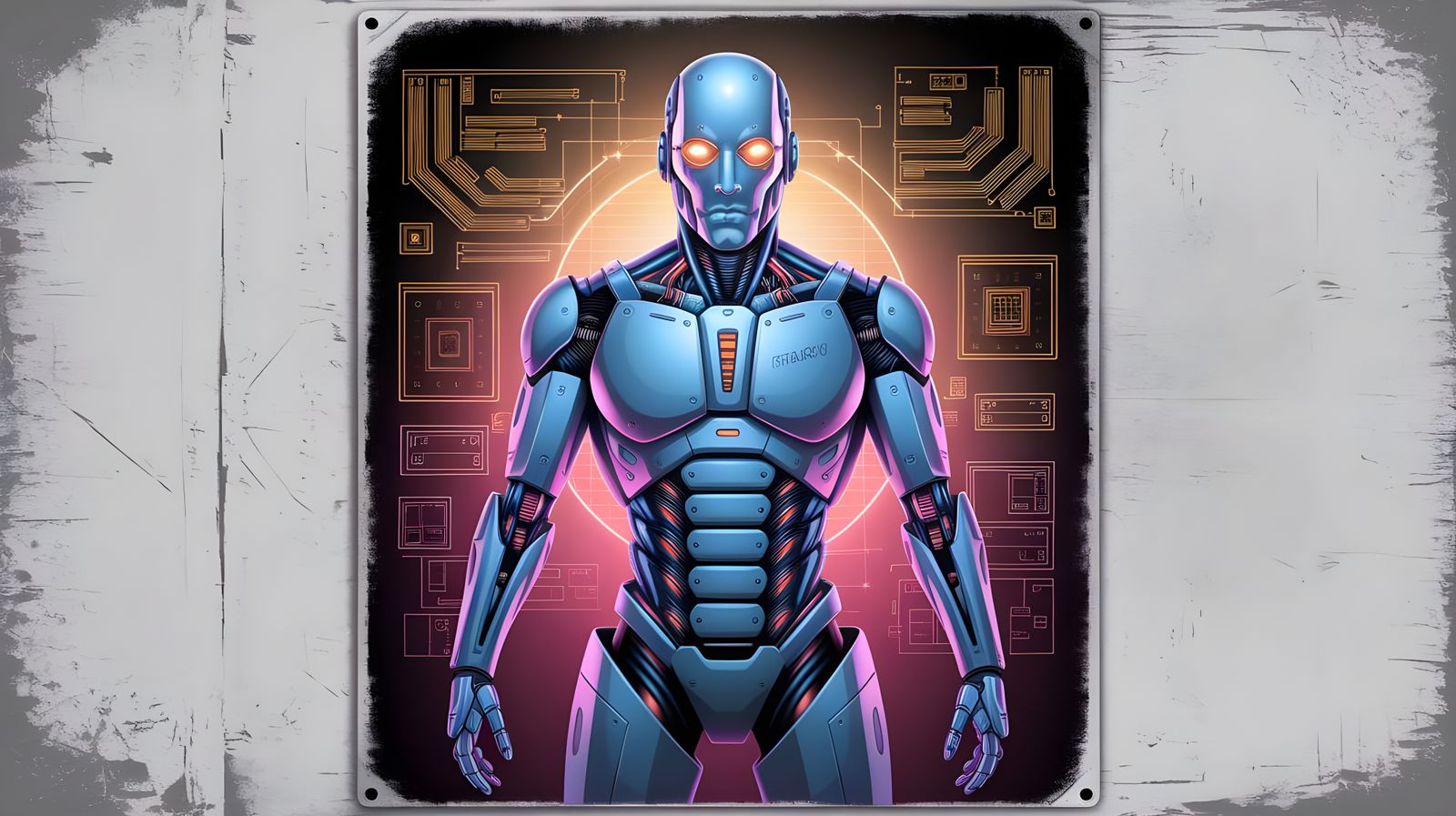 Synthwave Cybernetic Blueprint in Neon Retro Style