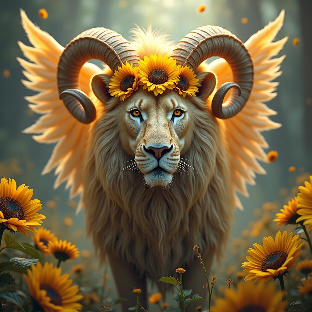 Lion with Sunflower Mane and Angel Wings