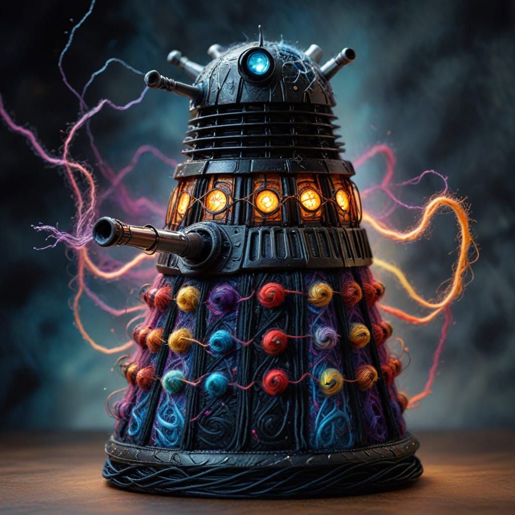 Colorful Felted Wool Art of a Deadly Dalek in Ethereal Glow