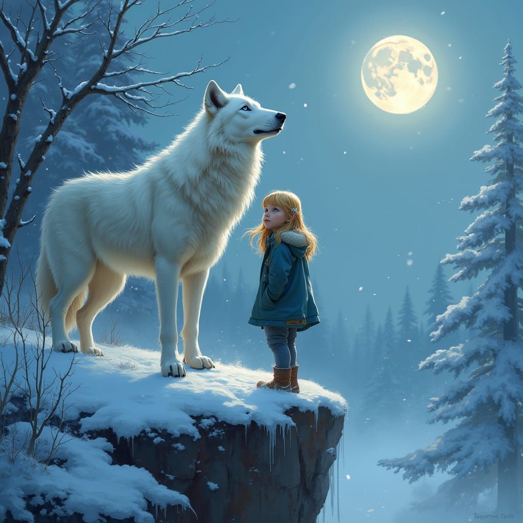 Blond Girl and White Wolf Howling at Moon