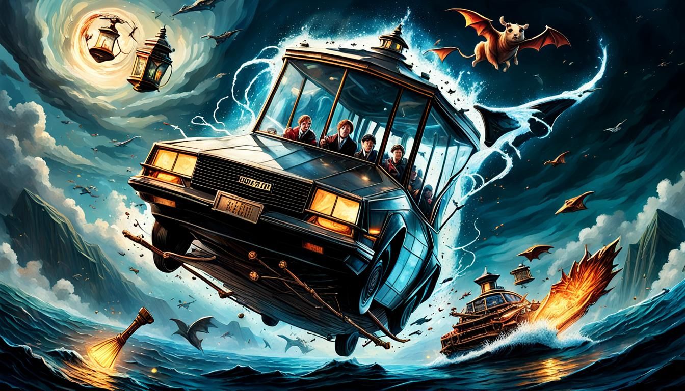 Passengers in a flying half DeLorean half hourglass soaring above the sea with a dragon winged titanic in the back