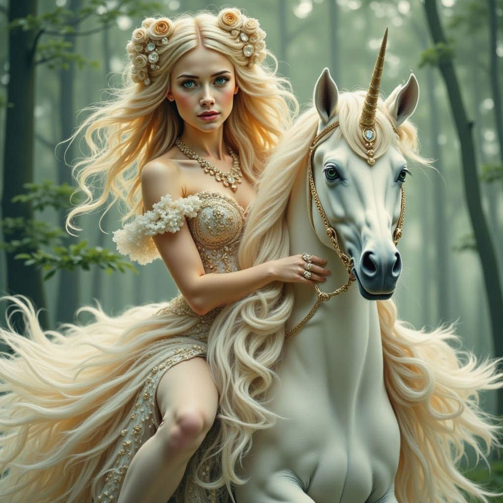 Blonde Woman on Unicorn in Fancy Ball Gown