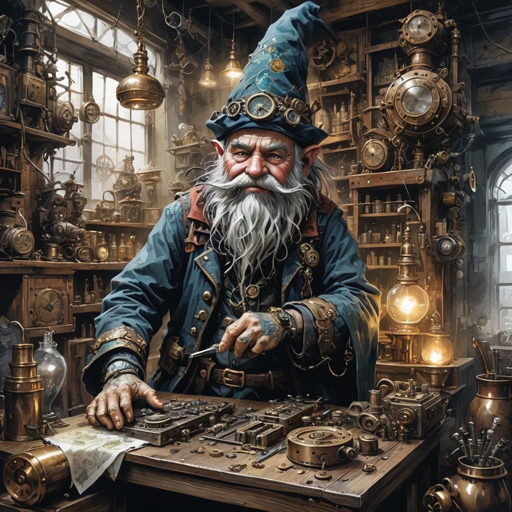 Sinister Gnome in Magic Shop, Steampunk Style
