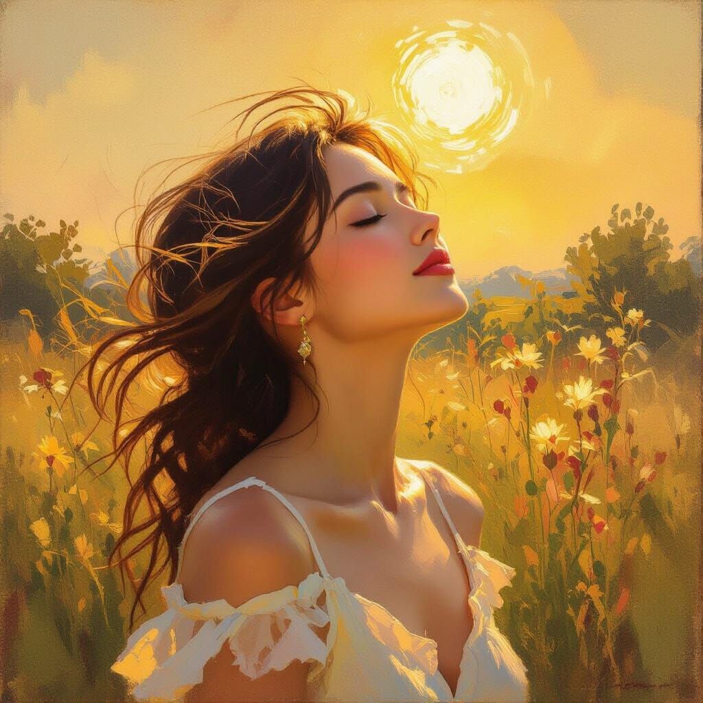 Woman Bathed in Golden Sunlight, Impressionistic Oil Paintin...