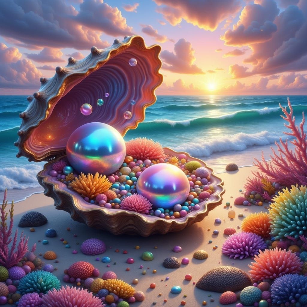 Pearl in Oyster with Coral: Airbrushed Digital Art
