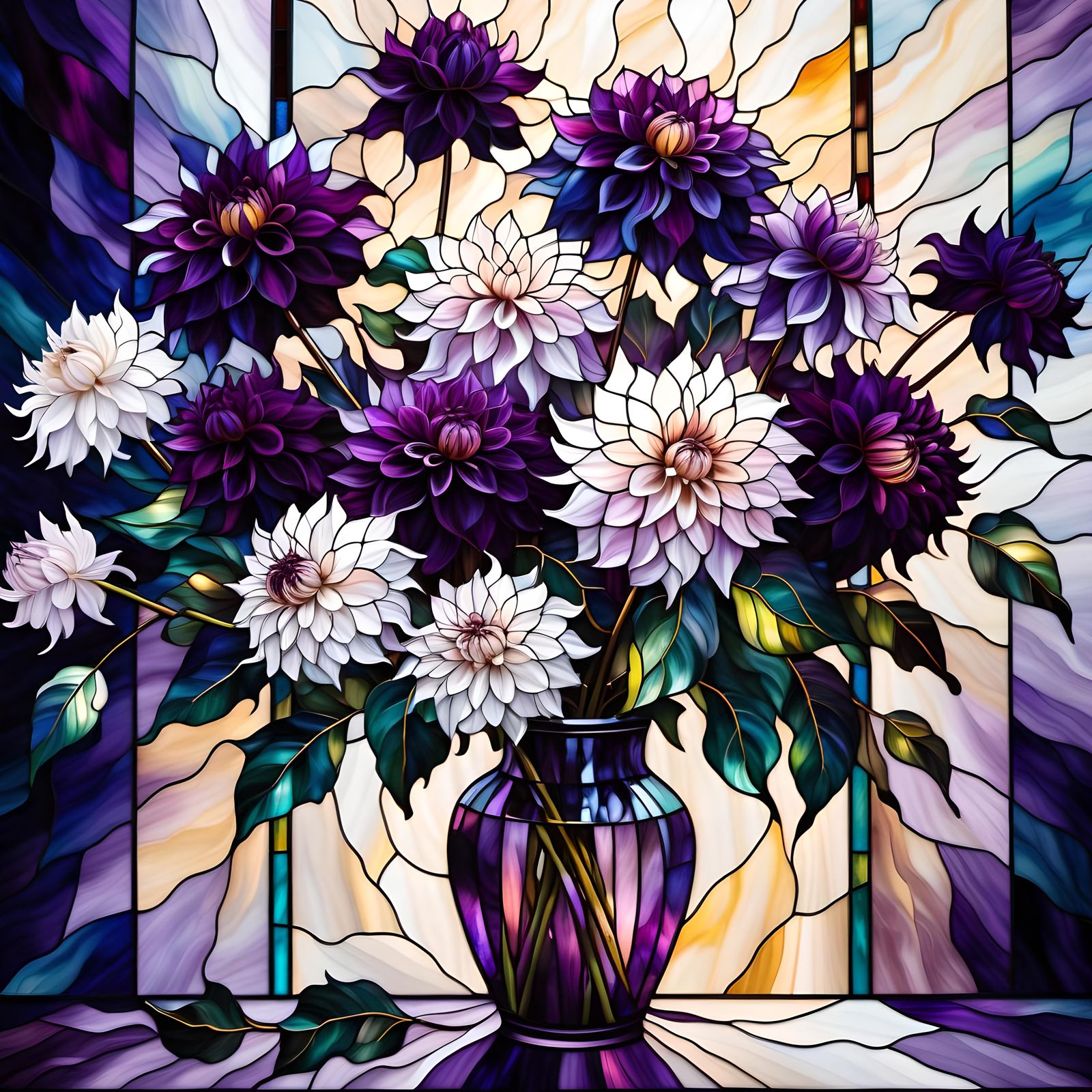 Purple and white stained glass dahlias