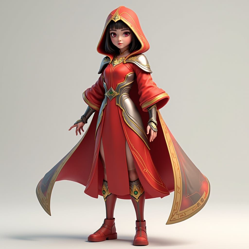 Dynamic Anime Superheroine in Fiery Red Dress