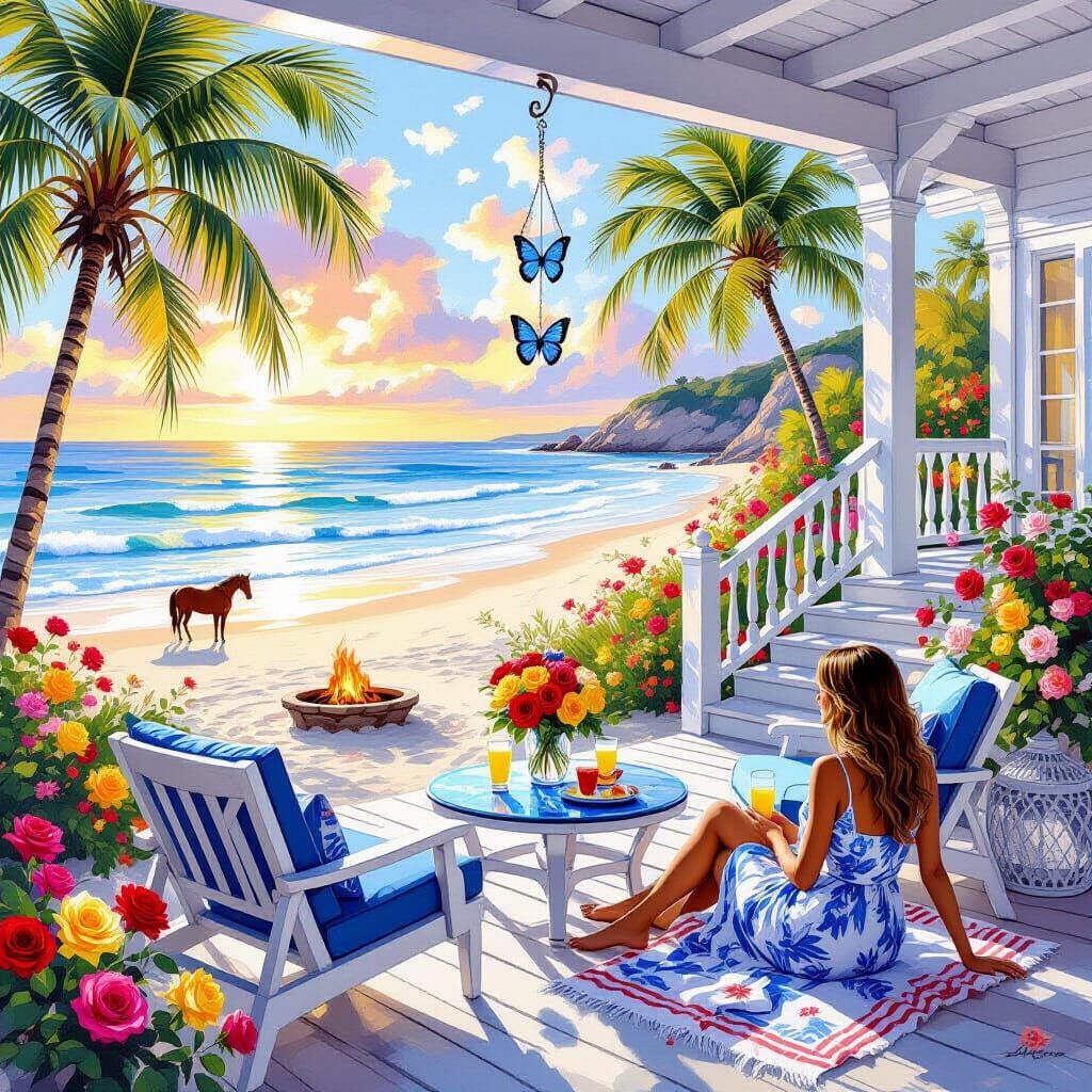 Serene Beach House at Dawn, Impressionistic Oil Painting