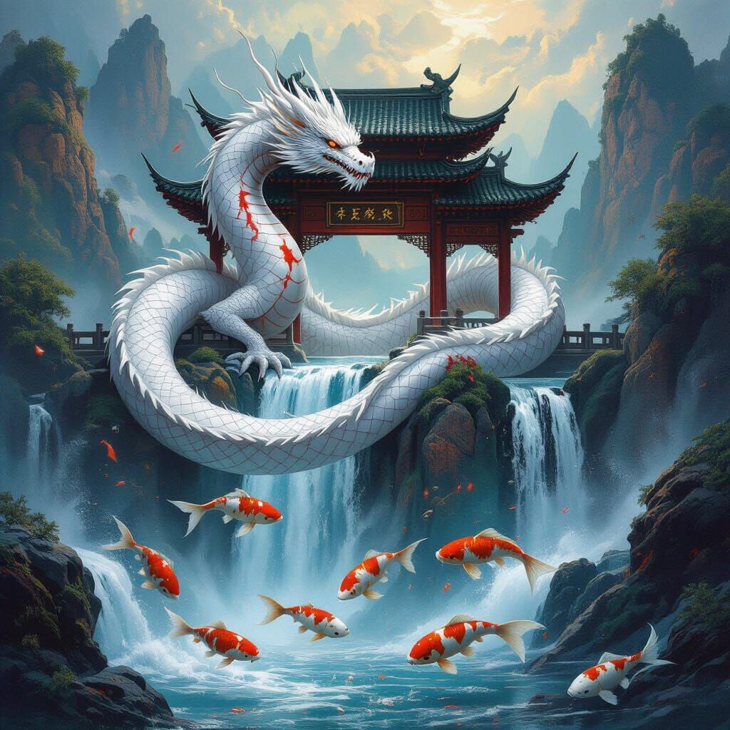 White Dragon Guards Chinese Gate Above Waterfall with Leapin...