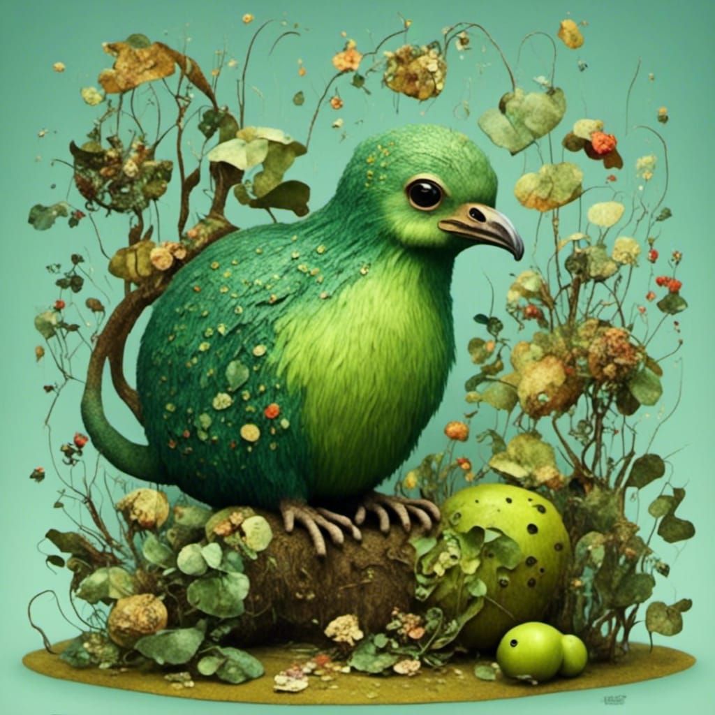 Cute Fluffy Kiwi in Woodcut Style with Magical Ambience