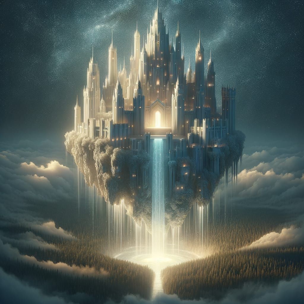 Fantasy Castle Floating in Air with Magical Waterfall