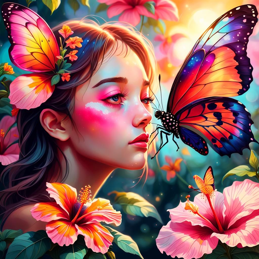 Butterfly on Hibiscus Flower in Whimsical Realism