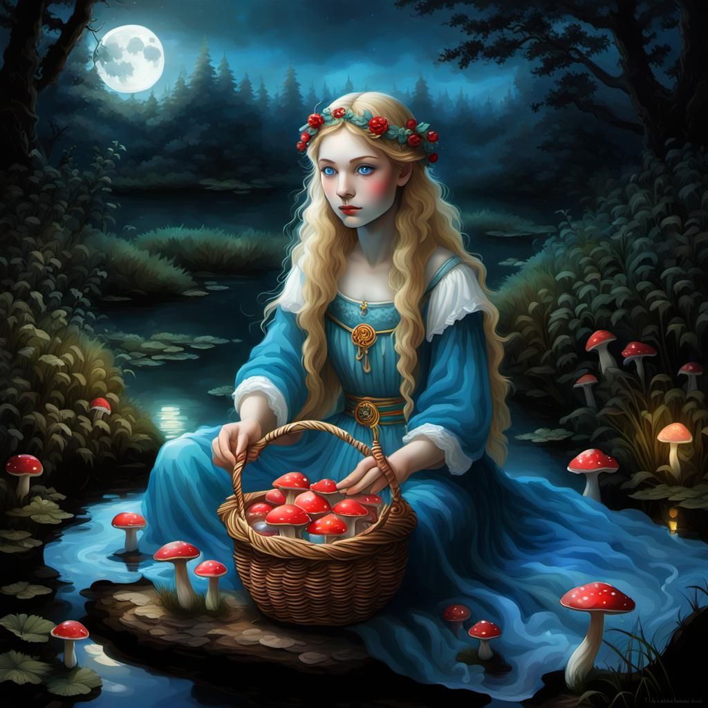 Glowing Mushroom Gathering in a Mystical Forest