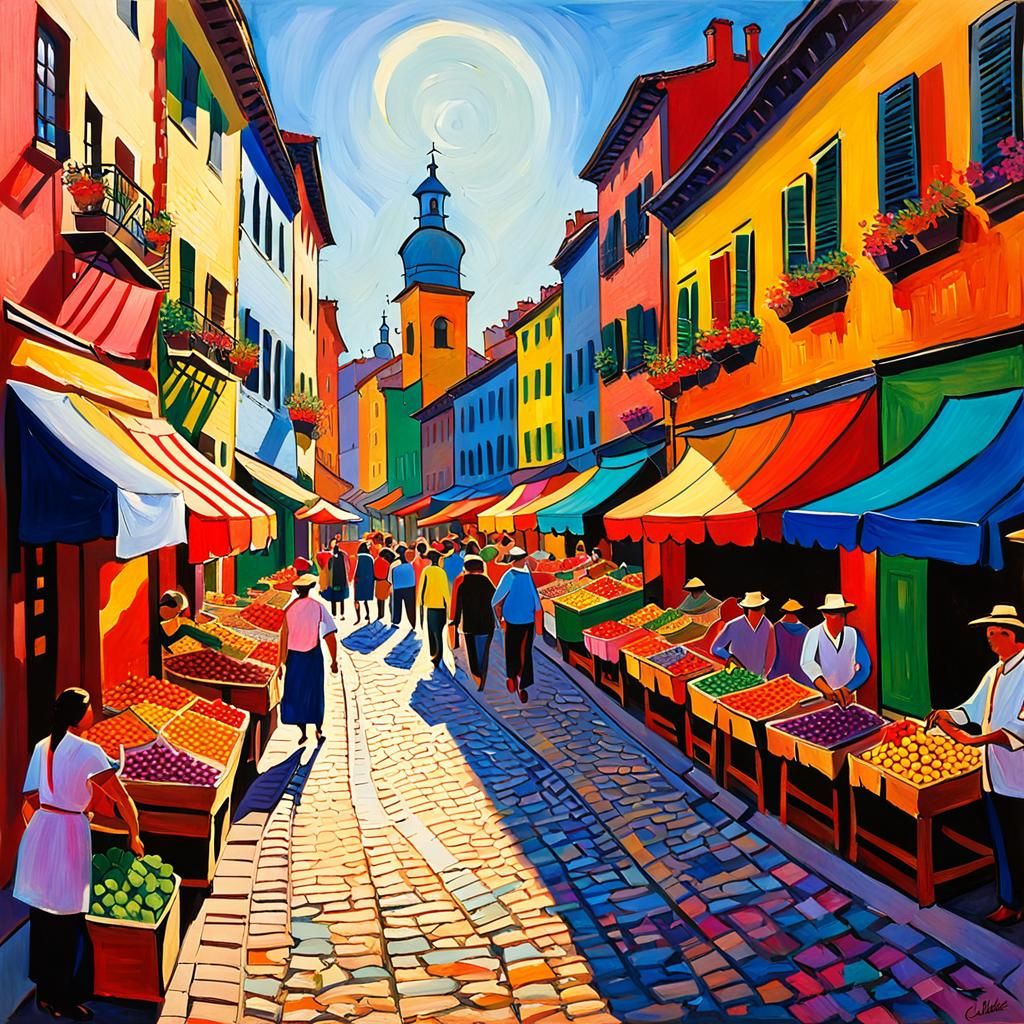 Colorful Fauvist Street Scene with Shops and People
